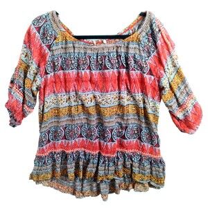 Latitude Bohemian Batik Flouncy Stripped Off Shoulder 3/4 Puff Sleeves Top L